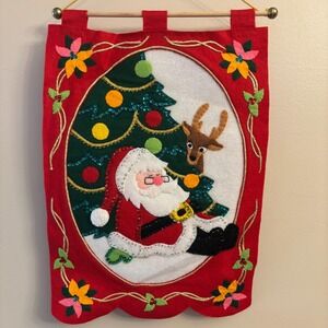Vintage 70's Christmas Santa NappingFelt Sequin Wall Hanging Banner Retro Kitsch